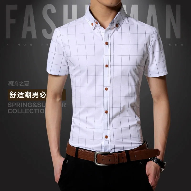 Men Short Sleeve Shirts Plus Size M-5XL Cotton Plaid Casual Slim Fit Striped