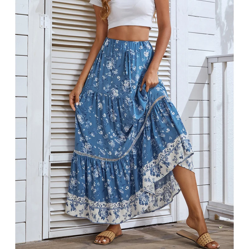 

2023 Women Summer Long Maxi Skirt Bohemian Seaside Vacation Lace Patchwork Rayon Print Long Skirt