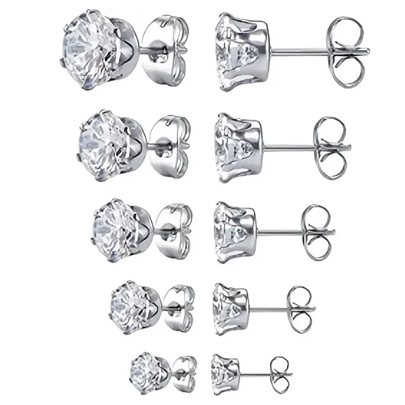 4-8mm Stud Earrings for Women Girls Men Punk Stainless Steel Stone CZ Crystal Round Black Silver Color Piercing Jewelry