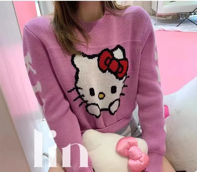 thumbnail image 1 of Hello Kitty-suéter rosa con cuello redondo para niña, ropa holgada de estilo coreano, parte inferior de punto corta, ropa para niños, 1 of 4
