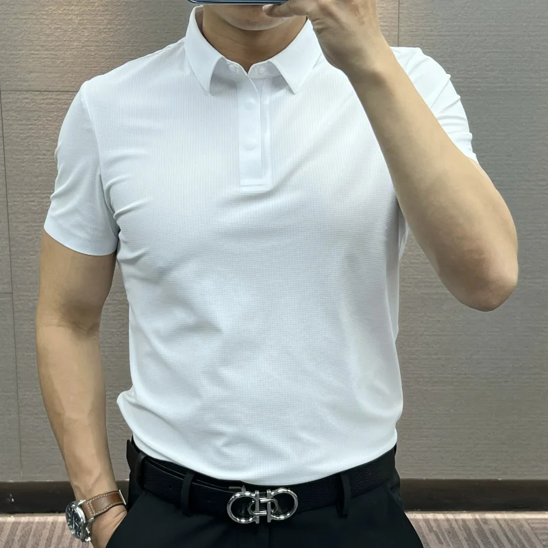 Summer New Seamless Buckle Lapel Thin Breathable Short Sleeve Polo Shirt Men's Solid Simple Patchwork Slim Smart Casual Top 2024