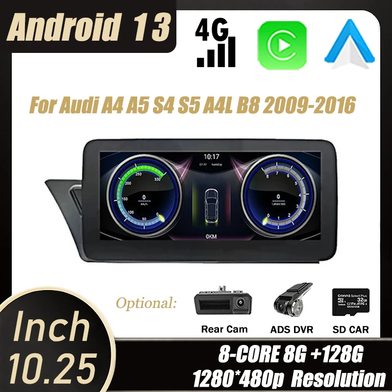 

10,25 ''Android 13 для Audi A4 A5 S4 S5 A4L B8 2009-2016 автомобильный стерео Мультимедийный радиоплеер GPS навигация Carplay