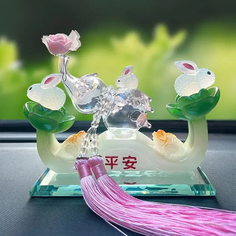 Chinese Style Crystal Glass Animal Rabbit Sculptures, Wealth Seeking Lucky Gourds, Home Living Room Car Interior Decoration, 1Pc