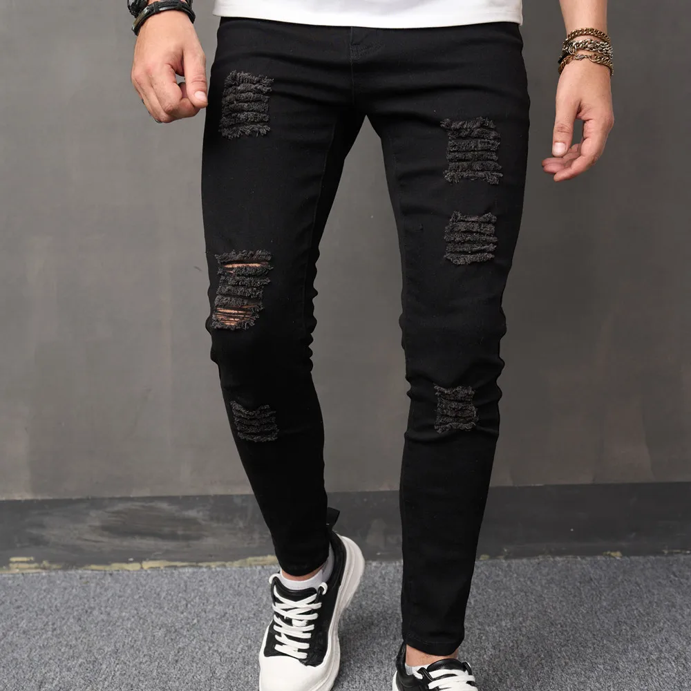 Men's Stretch Tight Stacked Jeans Calf Torn Tight Jogging Pants Patched  Trousers | eBay