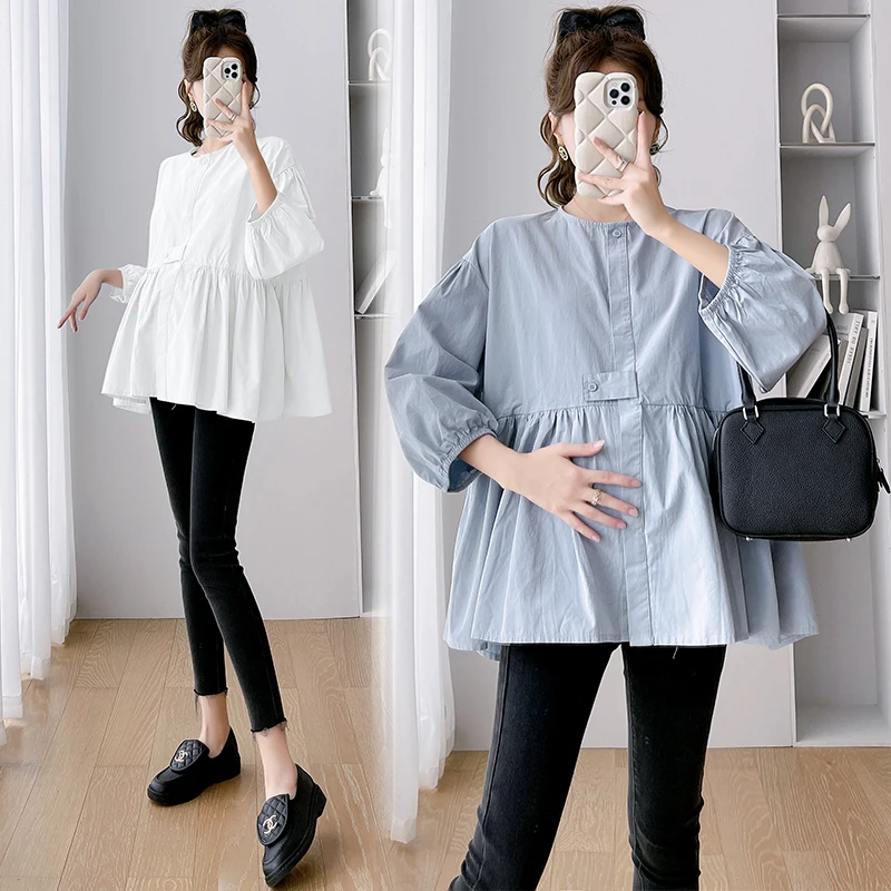 

Korean Style Oversized Pregnant Women's Shirts Loose Fashion Maternity Blouses Plus Size Spring Pregnancy Clothes Blue White