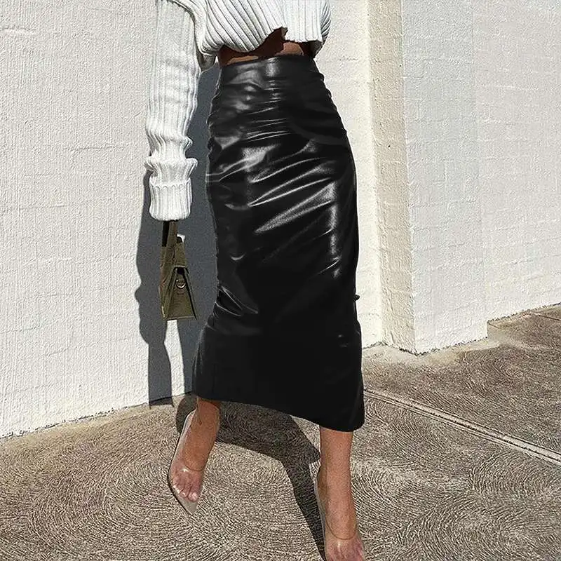 Women PU Leather High Waist Midi Skirts Fashion Long