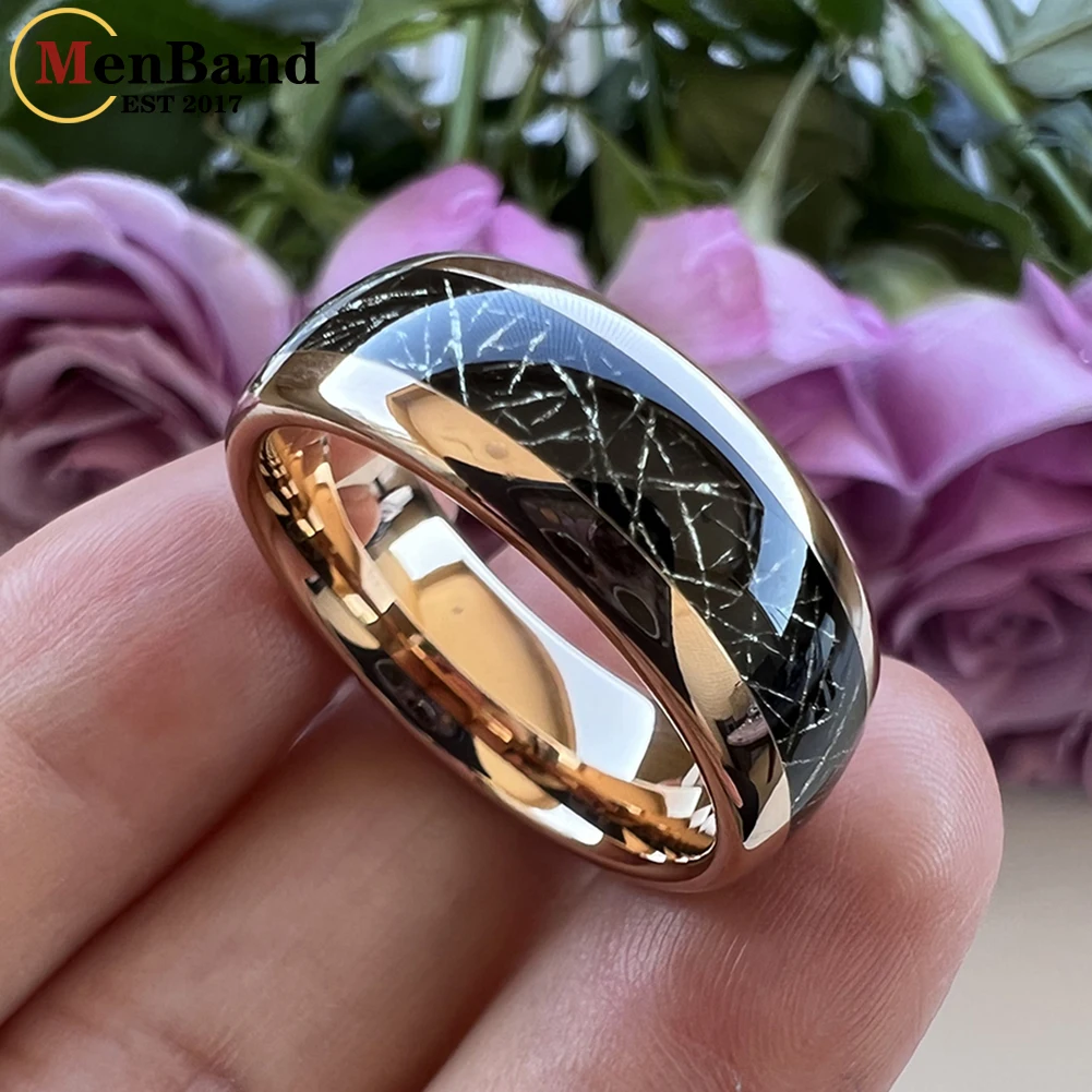 MenBand Fashion 6/8MM Men Women Tungsten Wedding Band Ring With Black Meteorite Inlay Dome Polished Comfort Fit