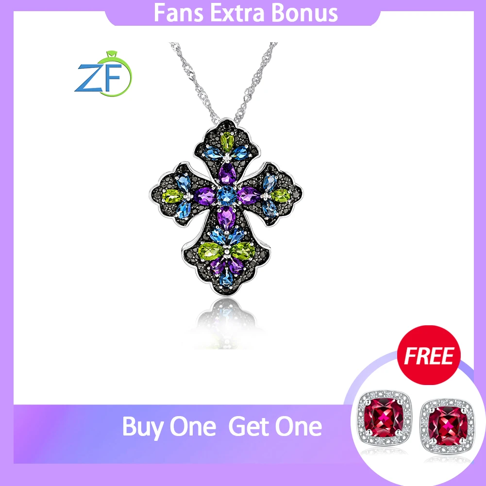 

GZ ZONGFA 100% 925 Sterling Silver Cross Pendant Necklace For Women Natural Peridot Amethyst Colorful Gems Trendy Fine Jewelry