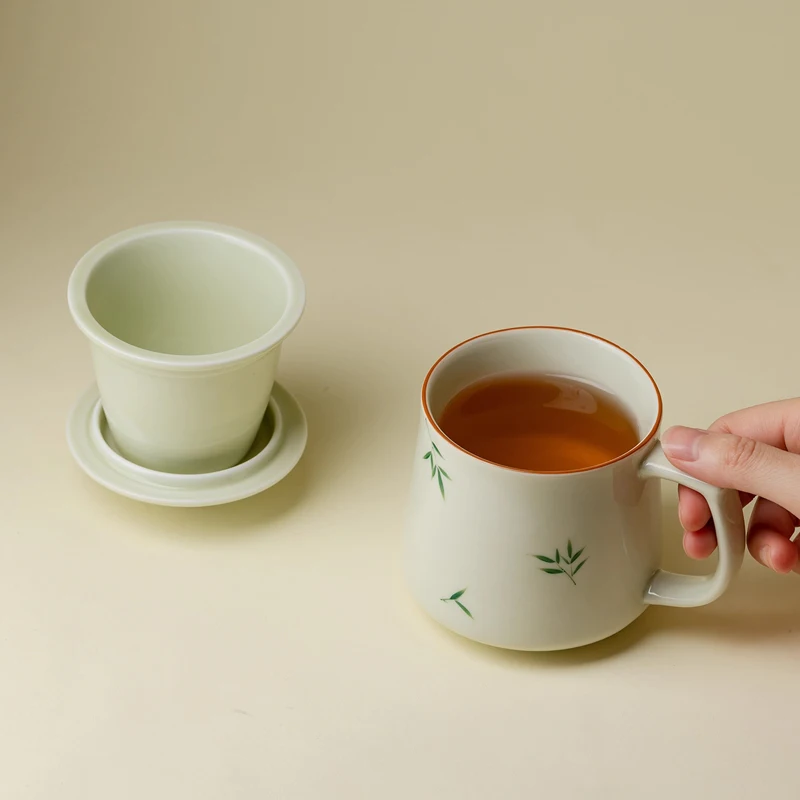 Chinese Style Ceramic Mugs, Home Personal Office Creative Teacup With Cover, Filtered Tea Water Separation, Tea Cups, 300ml, 1Pc