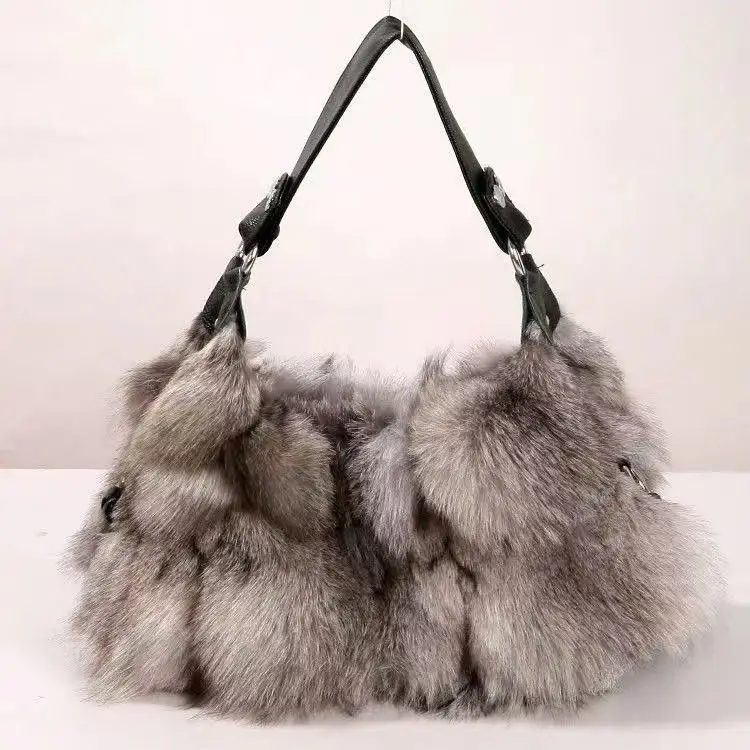 Genuine Fox Fur Women's Bag Large Capacity Soft Plush Tote Bag Versatile Handbag For Cross Portable Shopping Bag For Woman