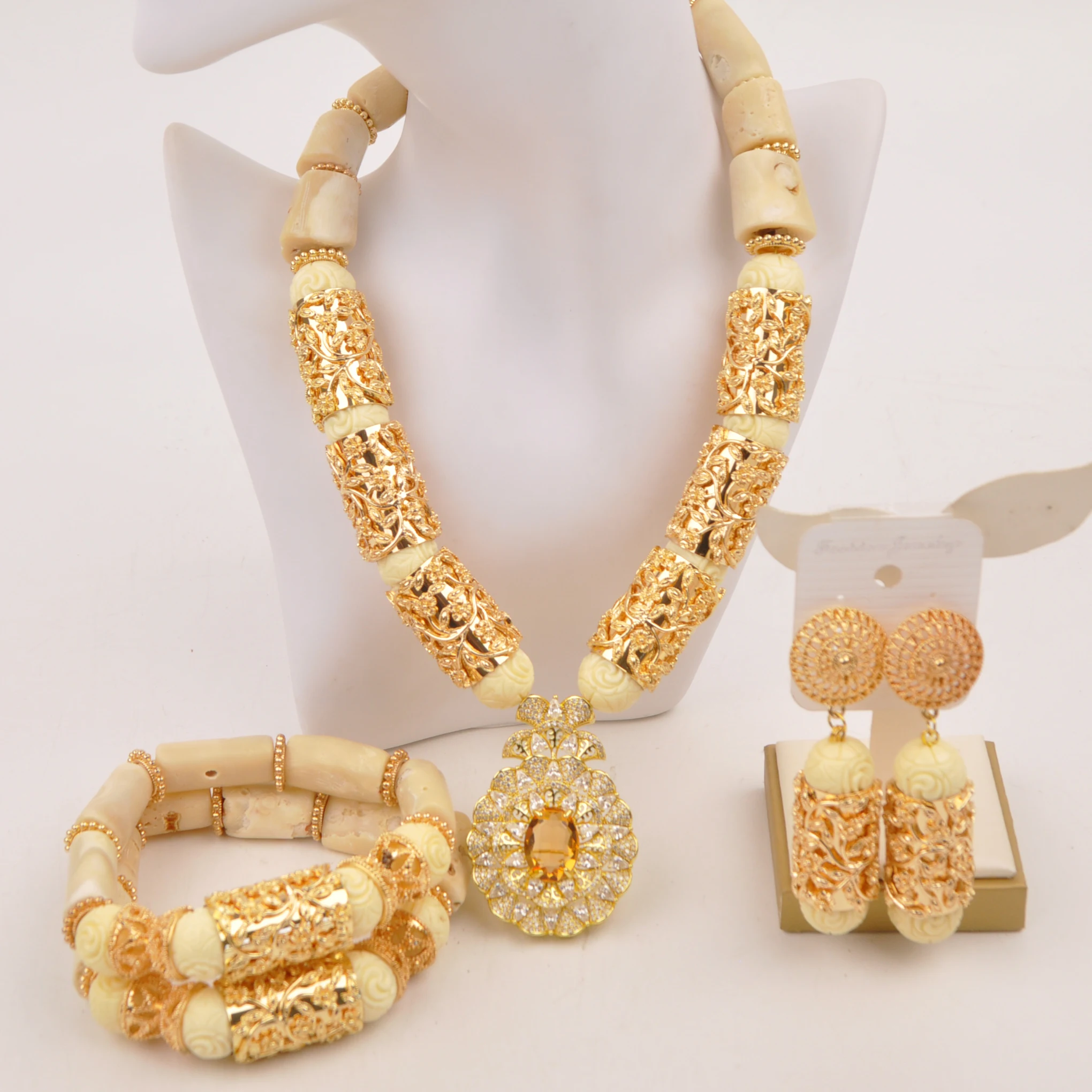 

Natural White Coral Bead Necklace Nigerian Dubai Gold African Jewelry Sets