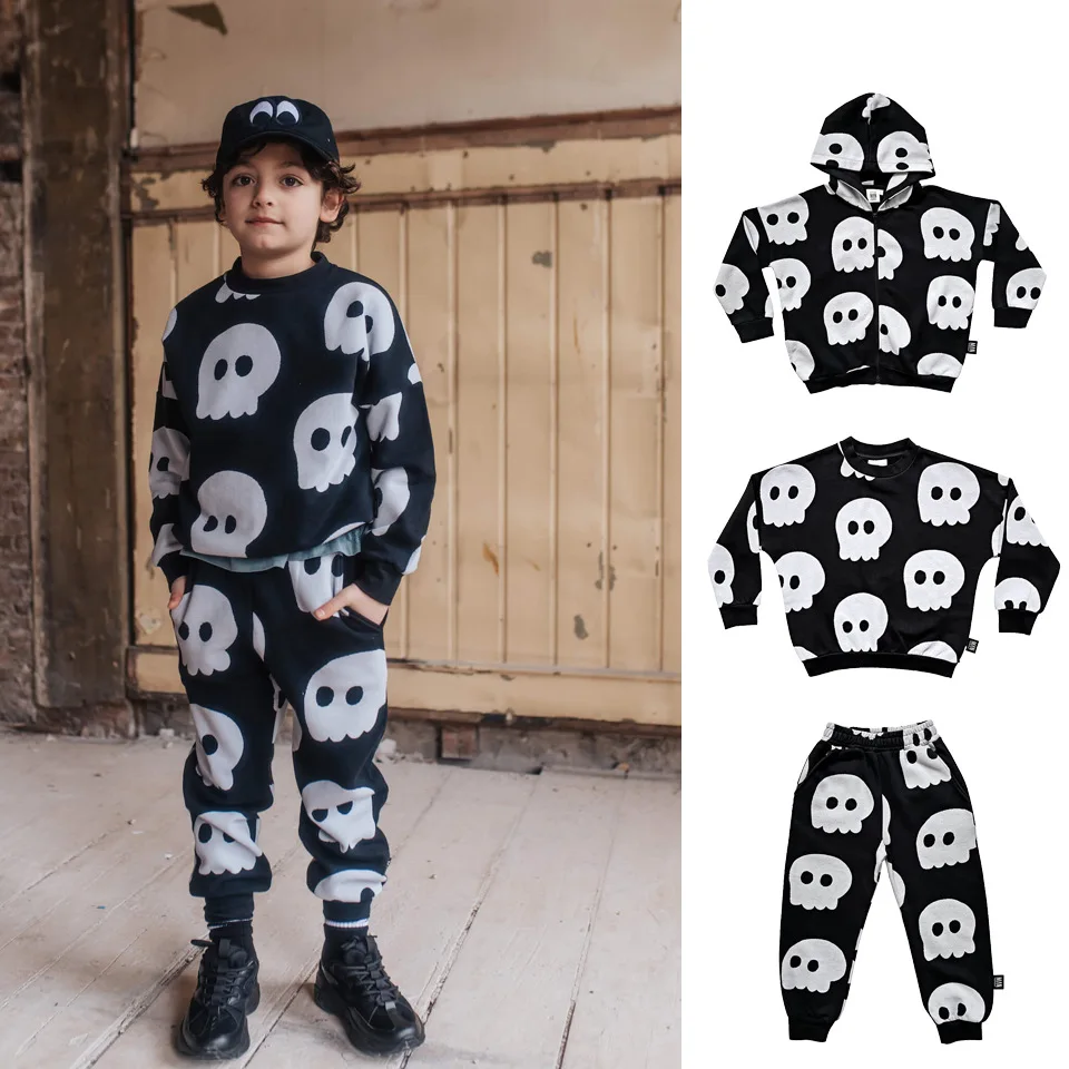 

LMH Fashion Kids Halloween Hoodies And Pants Suit Children Clothes Set Baby Boy Girl Skull Printing Hooded Sweater 1-13Years