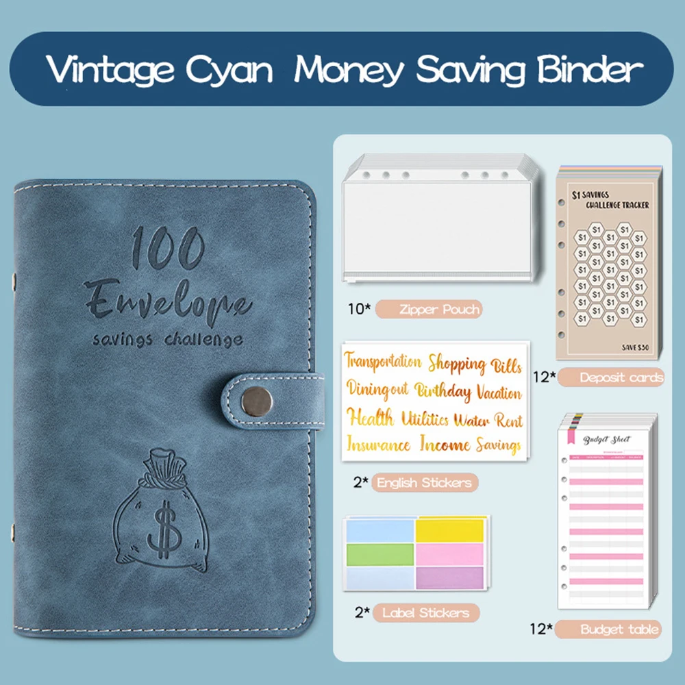 100 Envelopes Money Saving Challenge Budget Binder PU Leather Cover with Cash Envelope PVC Pocket Zipper/Budget Cards stickers