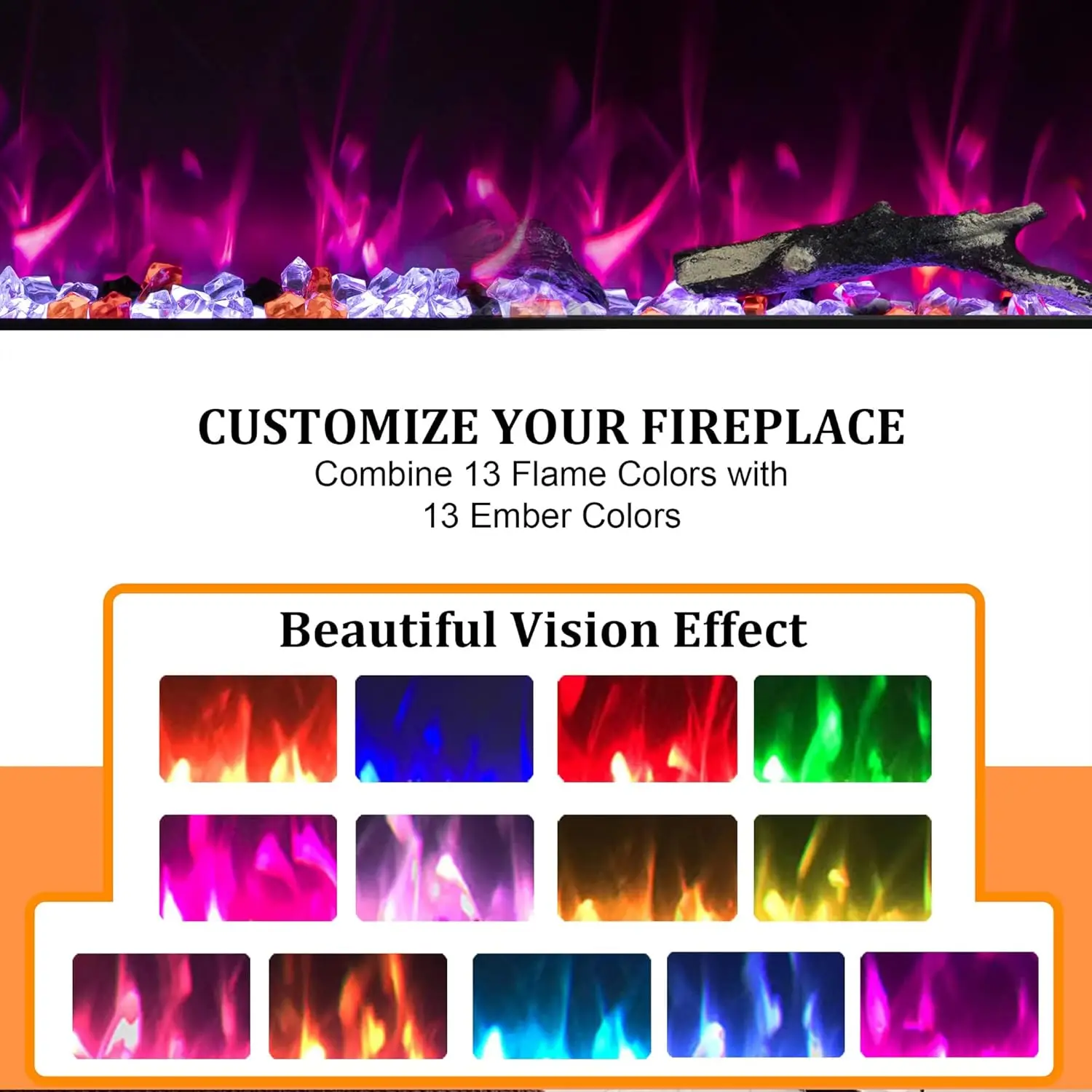 Fireplace 42 inch Wide, Wall Mounted Fireplace Inserts Electric Heater, 13 * 13 Flame Effects Like Real Flame, Low Nois