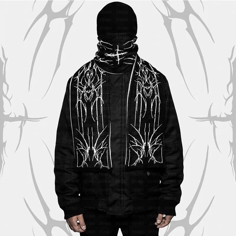 Winter Fashion creative Gothic striped knitted women's scarf men's Y2K scarf apron black tassel luminous Kpop women luxury