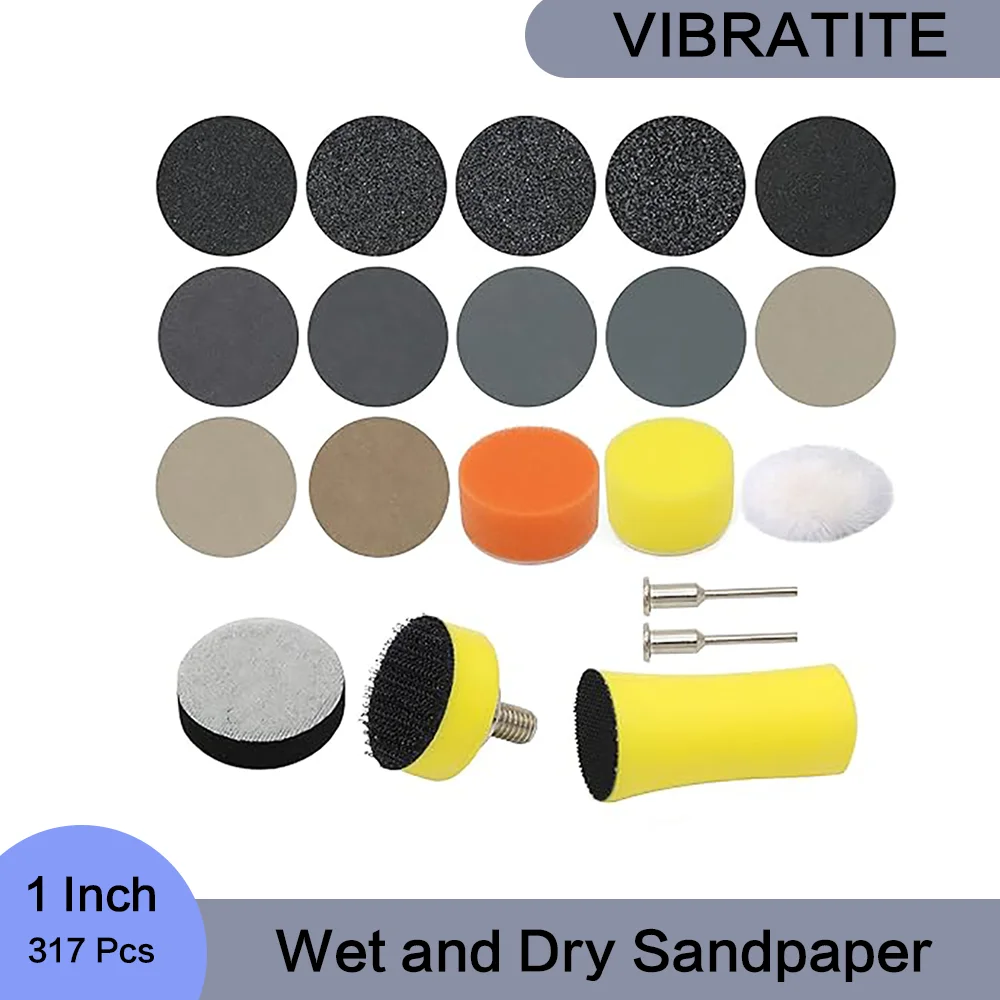 

1 Inch Wet and Dry Sandpaper 317 Pieces with 1/8" Shank Backing Pad and Soft Foam Buffering Pad for Wood Metal Mirror Jewelry
