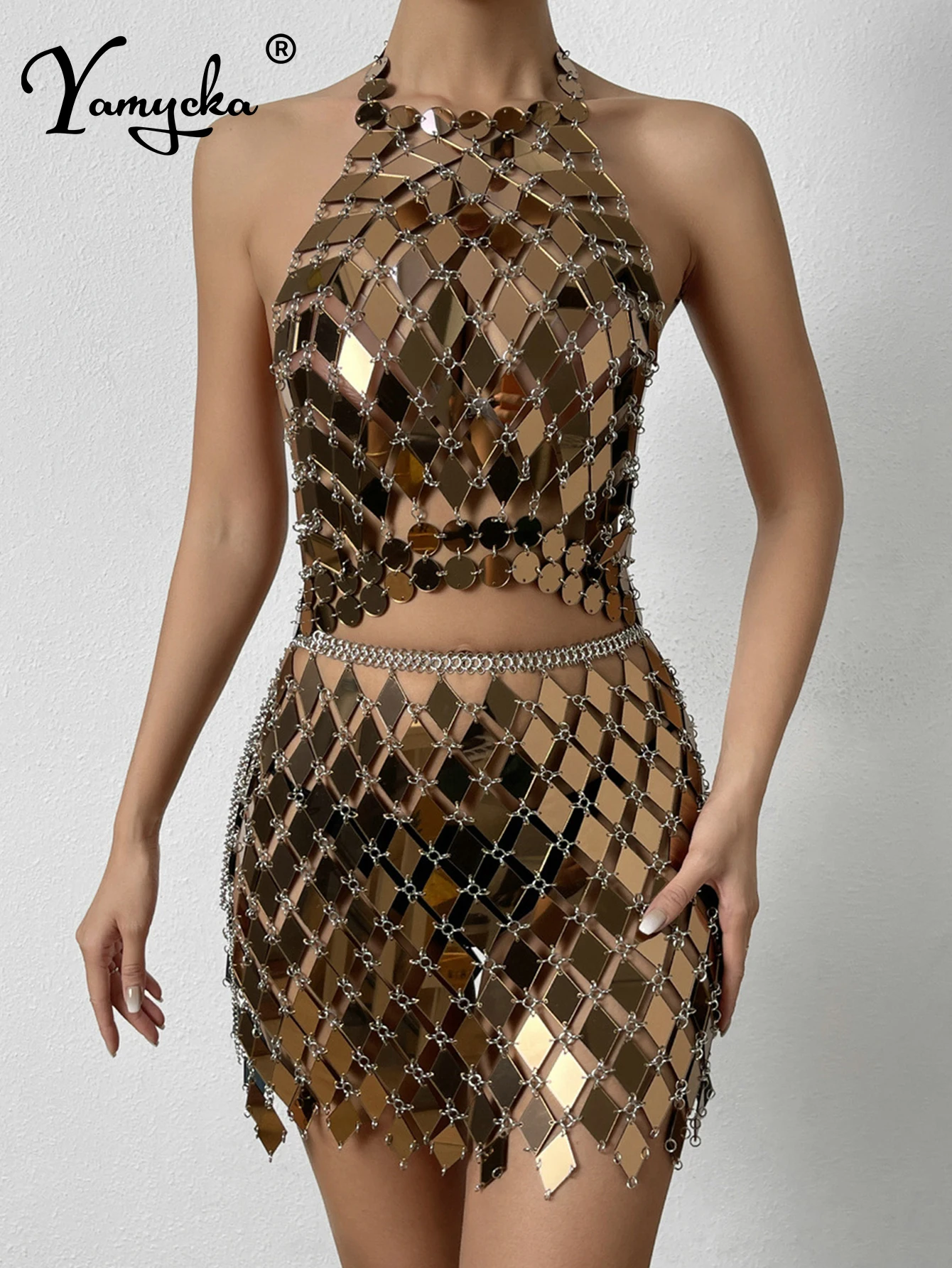 

Sexy backless metal sequin mini summer dress women glitter club party dress woman see through bodycon beach dress sets vestidos