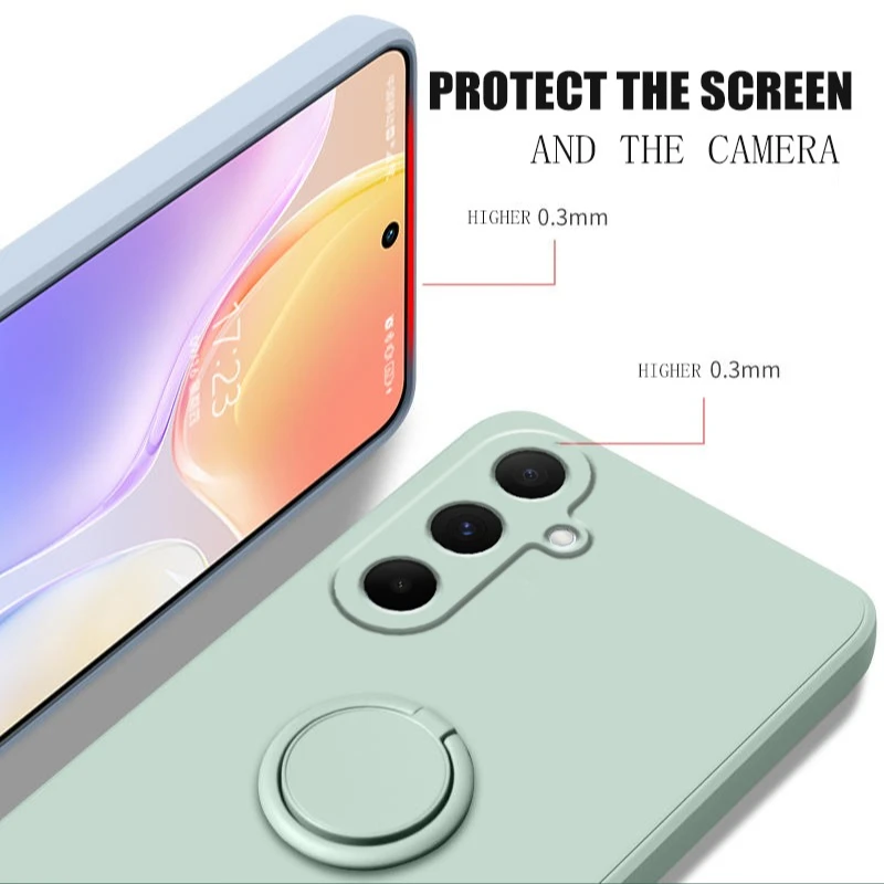 Enhanced Solid Color Silicone Phone Case with Finger Ring Stand Holder and Lens Protection