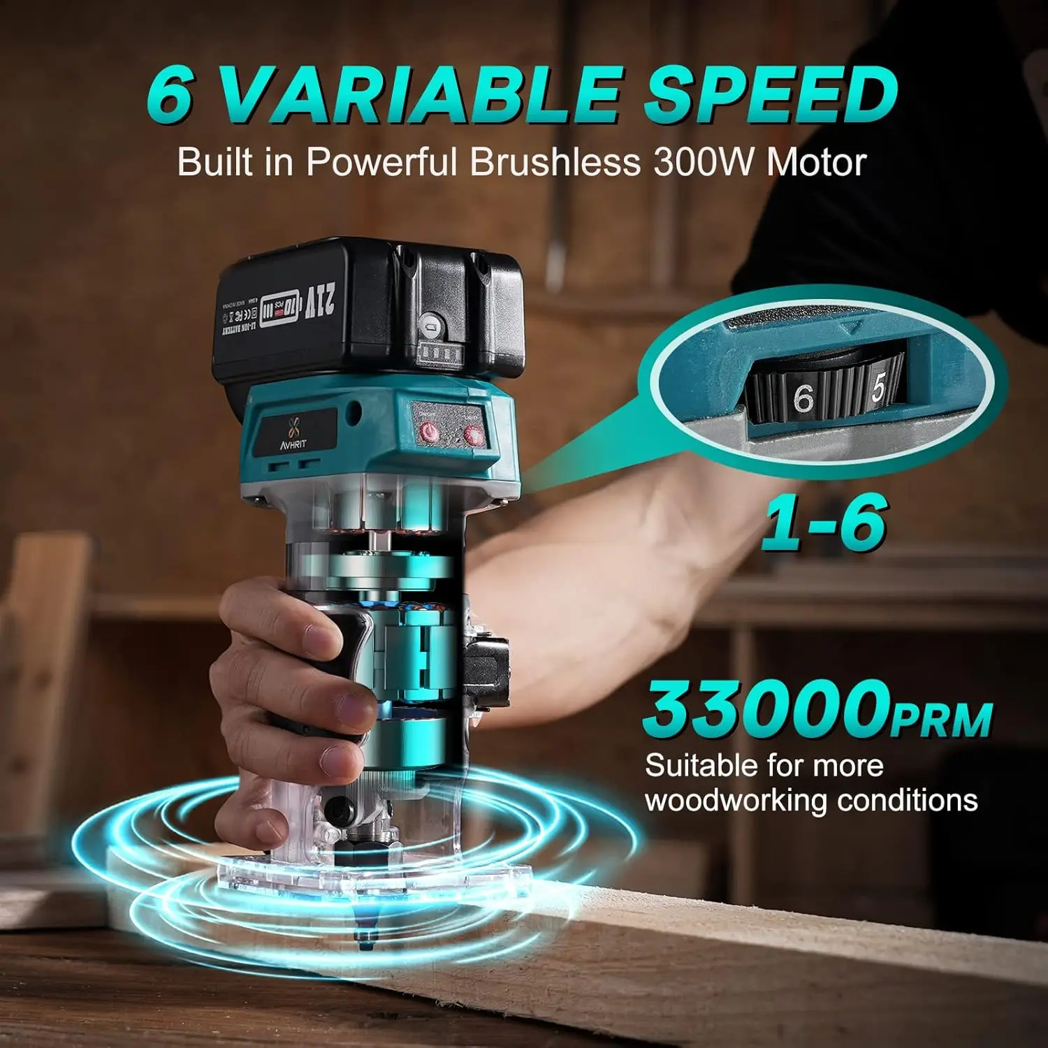 Cordless Compact Router Wood Router Tool With 2PCS Batteries 21V Brushless Portable Handheld Palm Routers for Woodworking