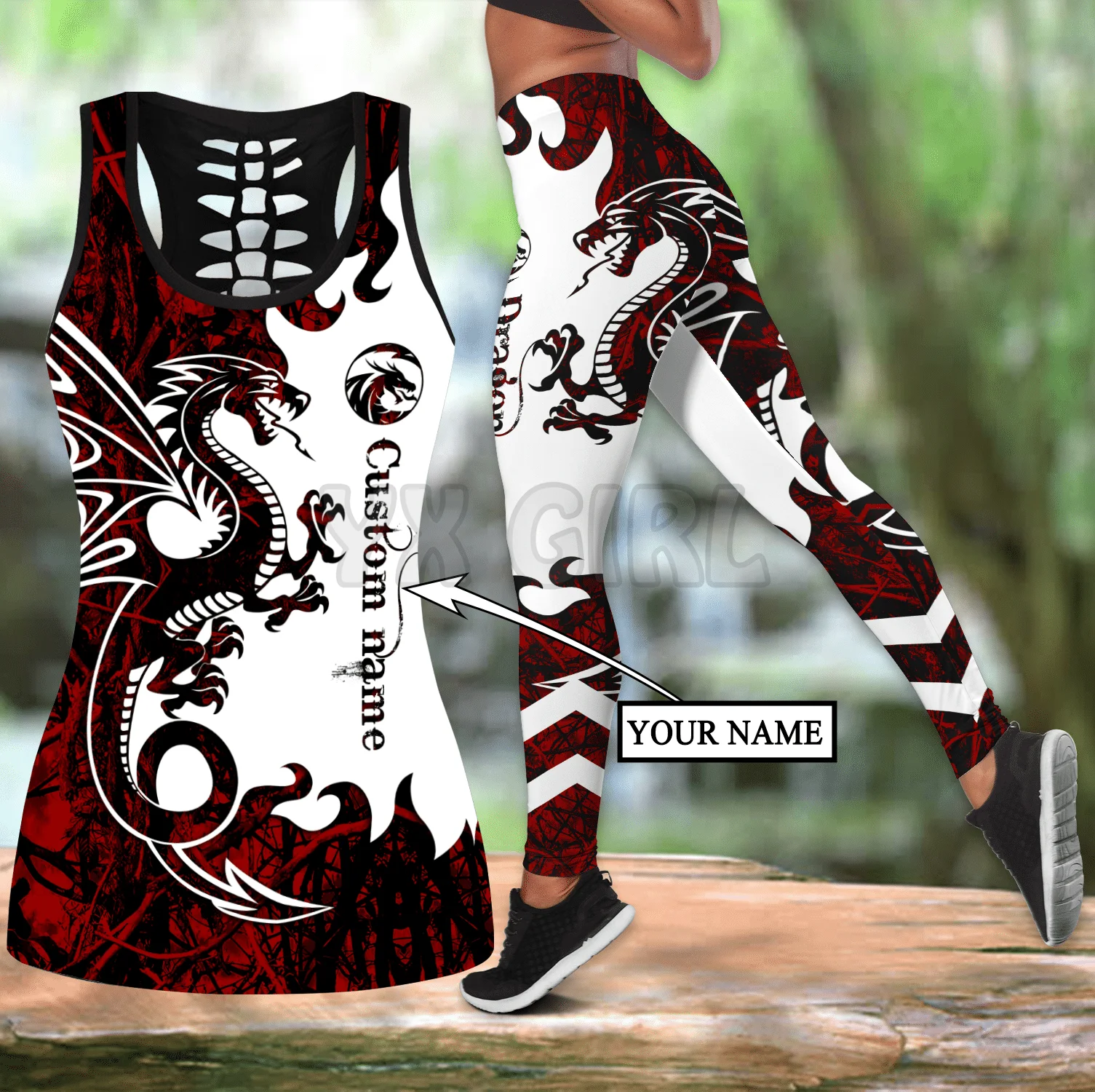 Dragon Red Tattoo Legging + Hollow Tank Combo Custom Name   3D Printed Tank Top+Legging Combo Outfit Yoga Fitness Legging Women