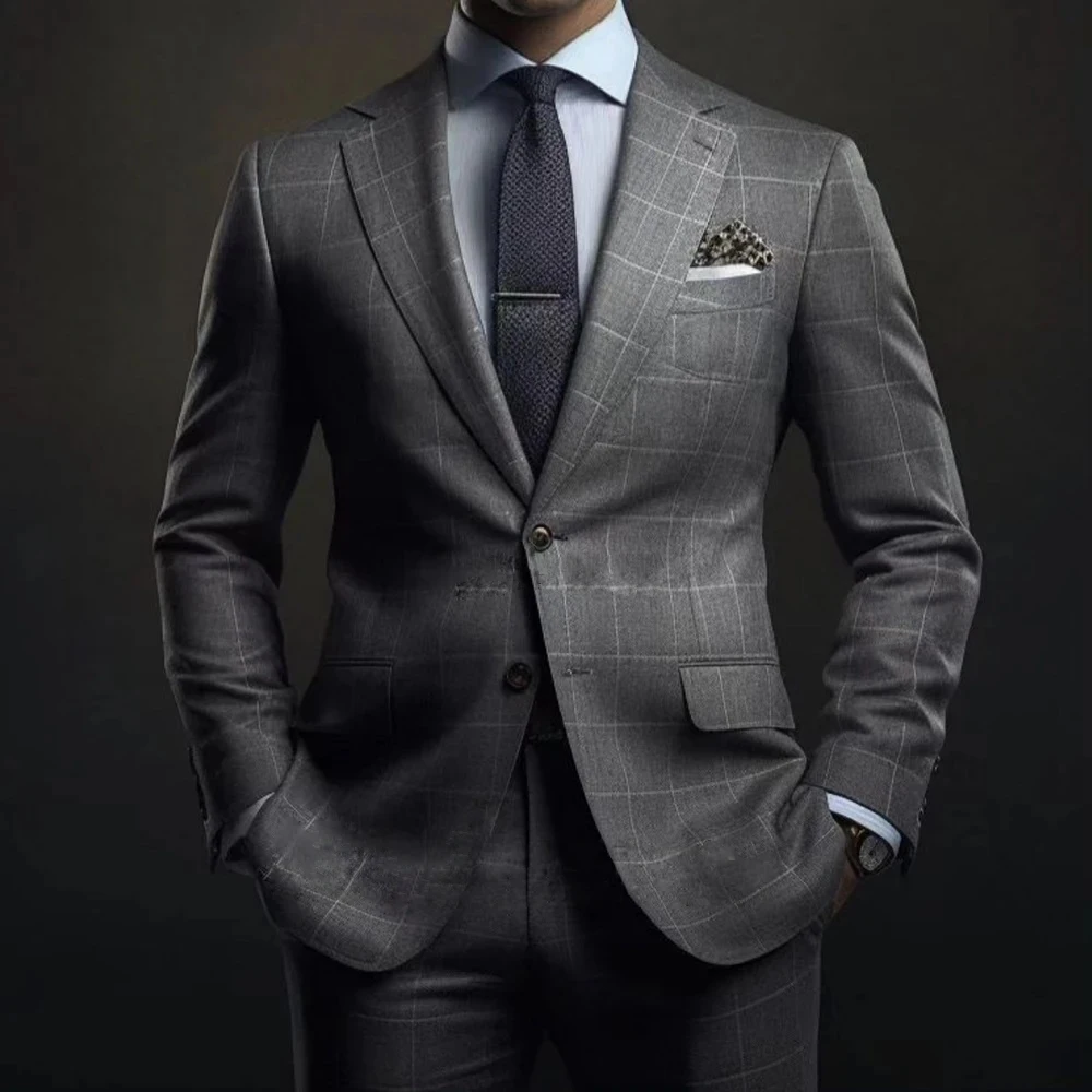 

Fashion Suits For Mens Grey Plaid Business Tuxedos 2-Piece Set Jacket Pants Male Blazer Slim Fit Wedding Groom Costume Homme
