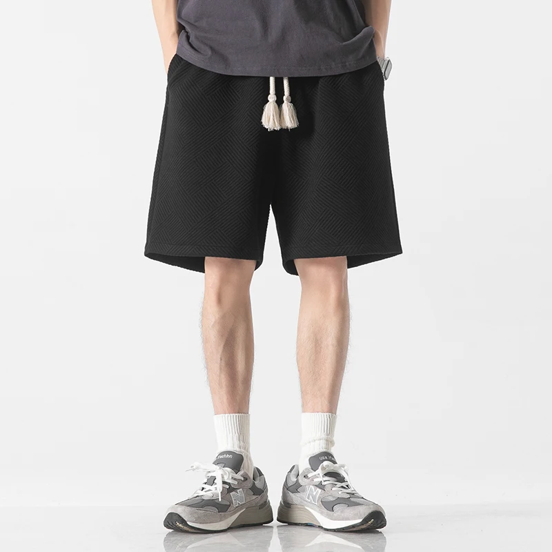 Fashion Solid Color Plaid Straight Casual Shorts Men's Clothing 2024 Summer New Loose Elastic Lace Up High Waist Knee Shorts