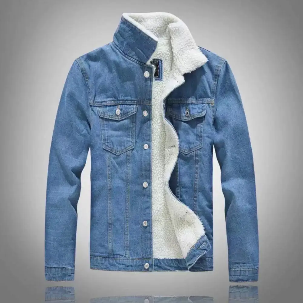 

Lambswool Lined Jacket Men's Fall Winter Denim Jacket with Stand Collar Thickened Plush Lining Single-breasted Design for Neck