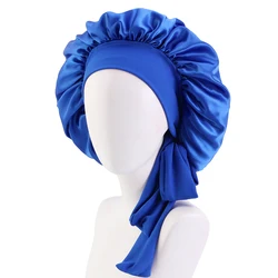 Women's Satin Solid Sleep Cap with Adjustable Tie Band and Elastic Fit - One Size (Royal blue)