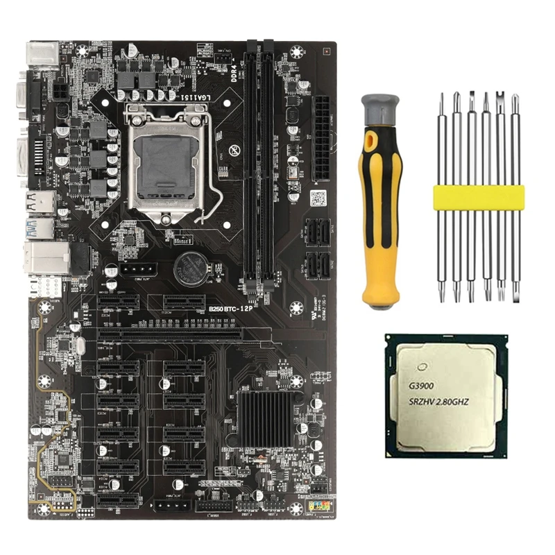 B250 BTC Mining Motherboard With G3900 CPU+Screwdriver 12 PCIE To USB3.0 Graphics Card Slot LGA1151 DDR4 DIMM SATA3.0 budget pc motherboard