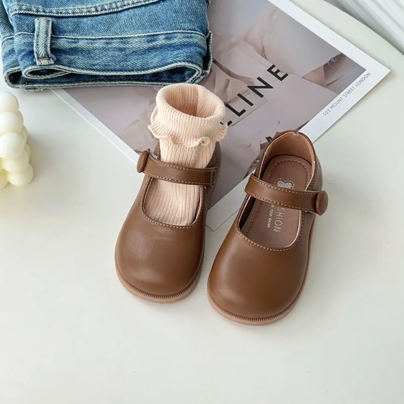구두 Children Leather Shoes Black Brown Princess Mary Janes Round Toe Little Girl Single Shoes Soft Sole Shallow Kids Dress