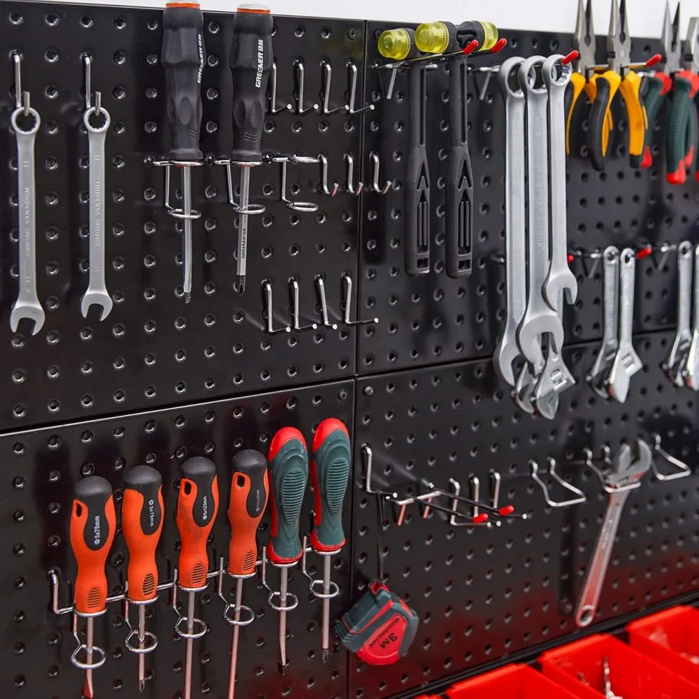 Pegboard Wall Organizer, Black Metal Pegboard Panels, Garage Storage System with Hooks and Storage Bins, 59pcs