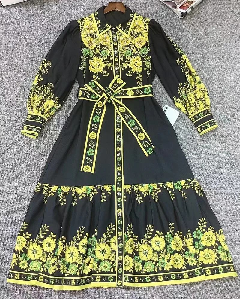 

New 2023 Autumn Fashion Style Dress High Quality Women Turn-down Collar Hand Made Beading Belted Long Sleeve Black Print Dress
