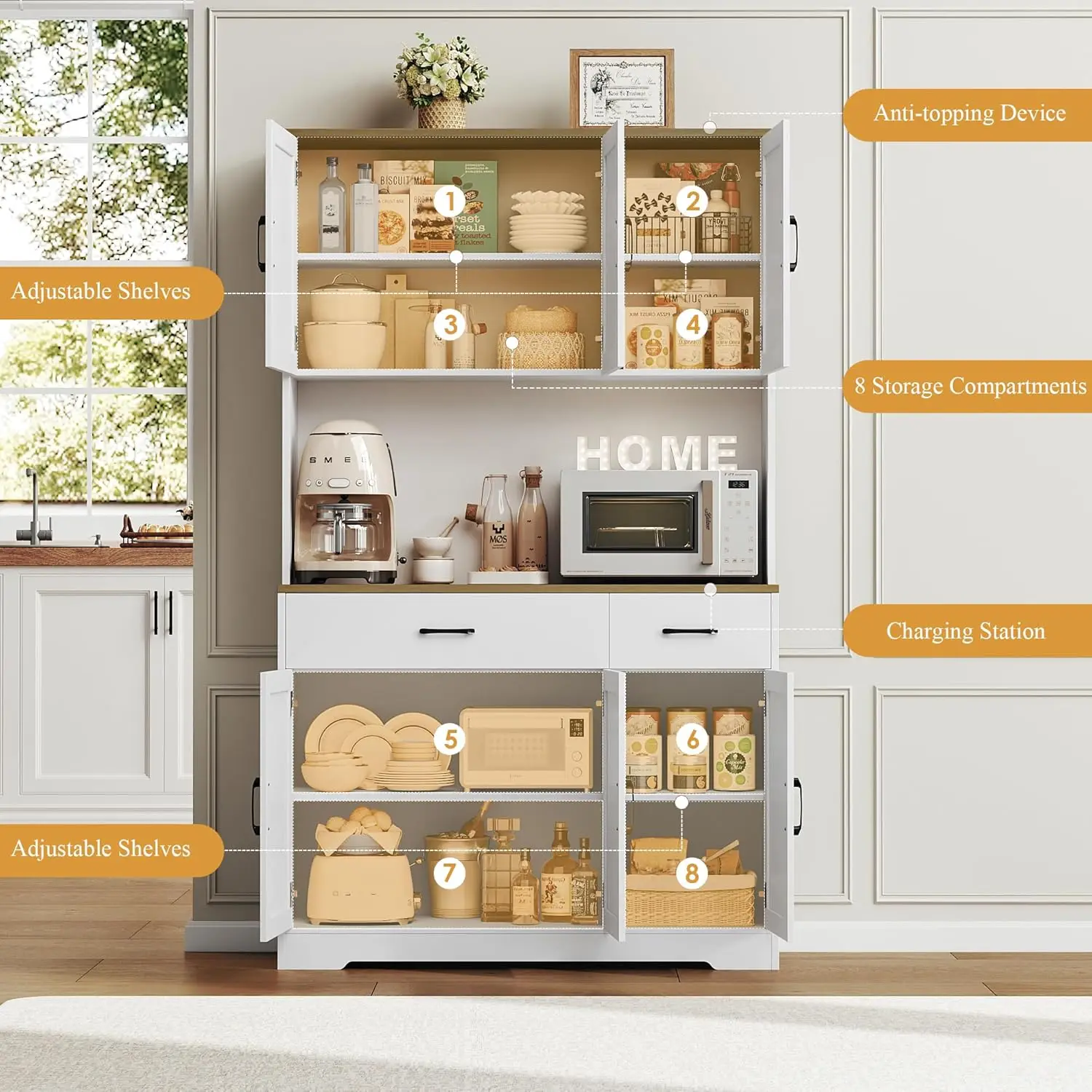 Pantry Cabinet with Charging Station, Tall Kitchen Pantry Storage Cabinet with Microwave Stand, Farmhouse Kitchen Hutch