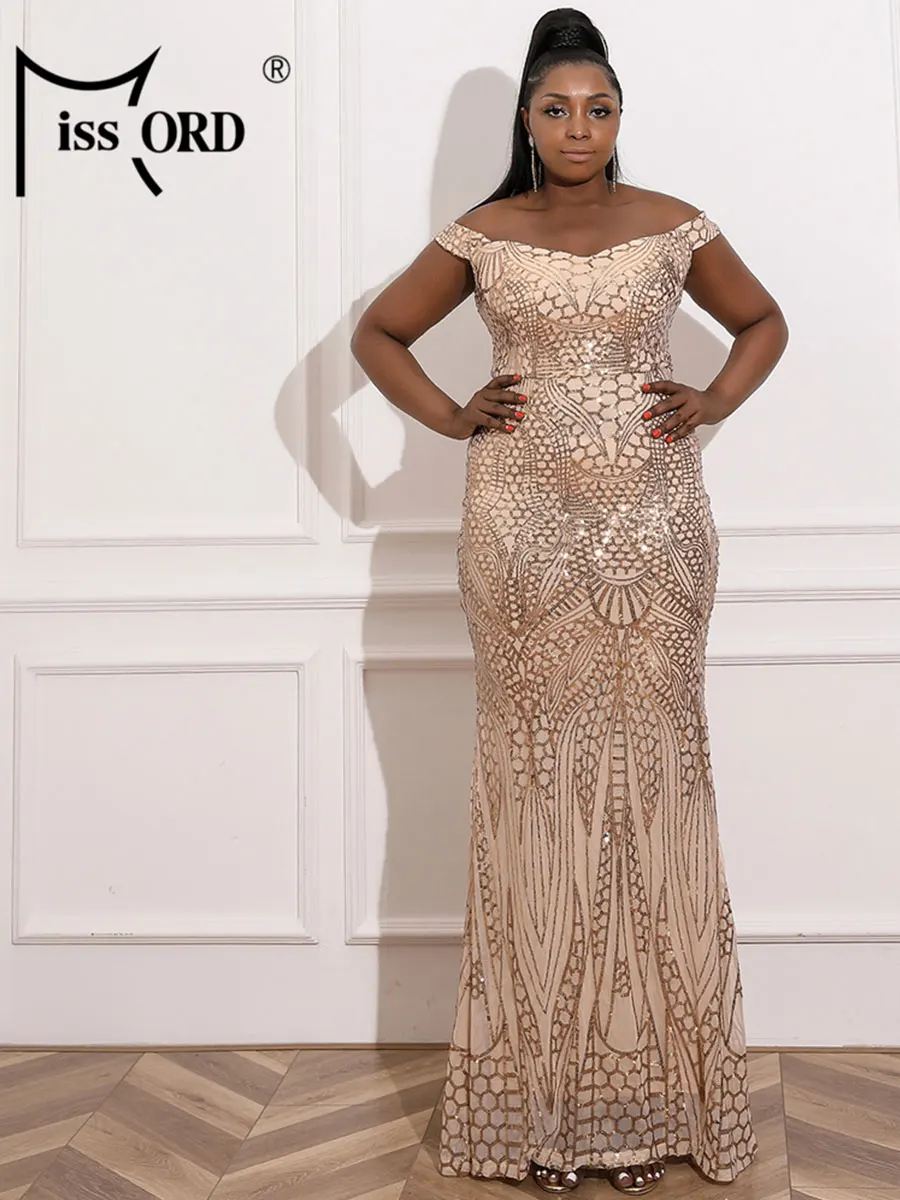 

Женское вечернее платье Missord, золотистое размера плюс, элегантное, с открытыми плечами, с короткими рукавами с блестками, облегающее, для свадебной вечеринки, выпускного вечера