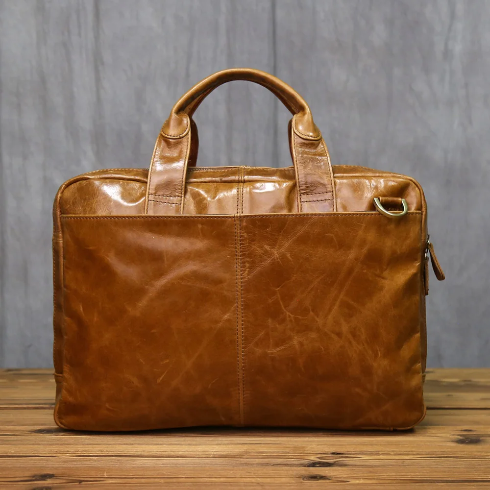 NZPJ Men's Retro Genuine Leather Briefcase Top Layer Cowhide Handbag  Large Capacity Crossbody  Bag  For 15-Inch Laptop