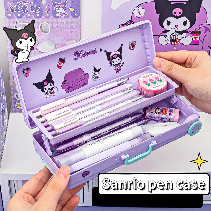 

Miniso Sanrio Trolley Case Stationery Pen Box Organizer with Kawaii Kuromi Melody Cinnamoroll Sticker 2 Layers Large Capacity