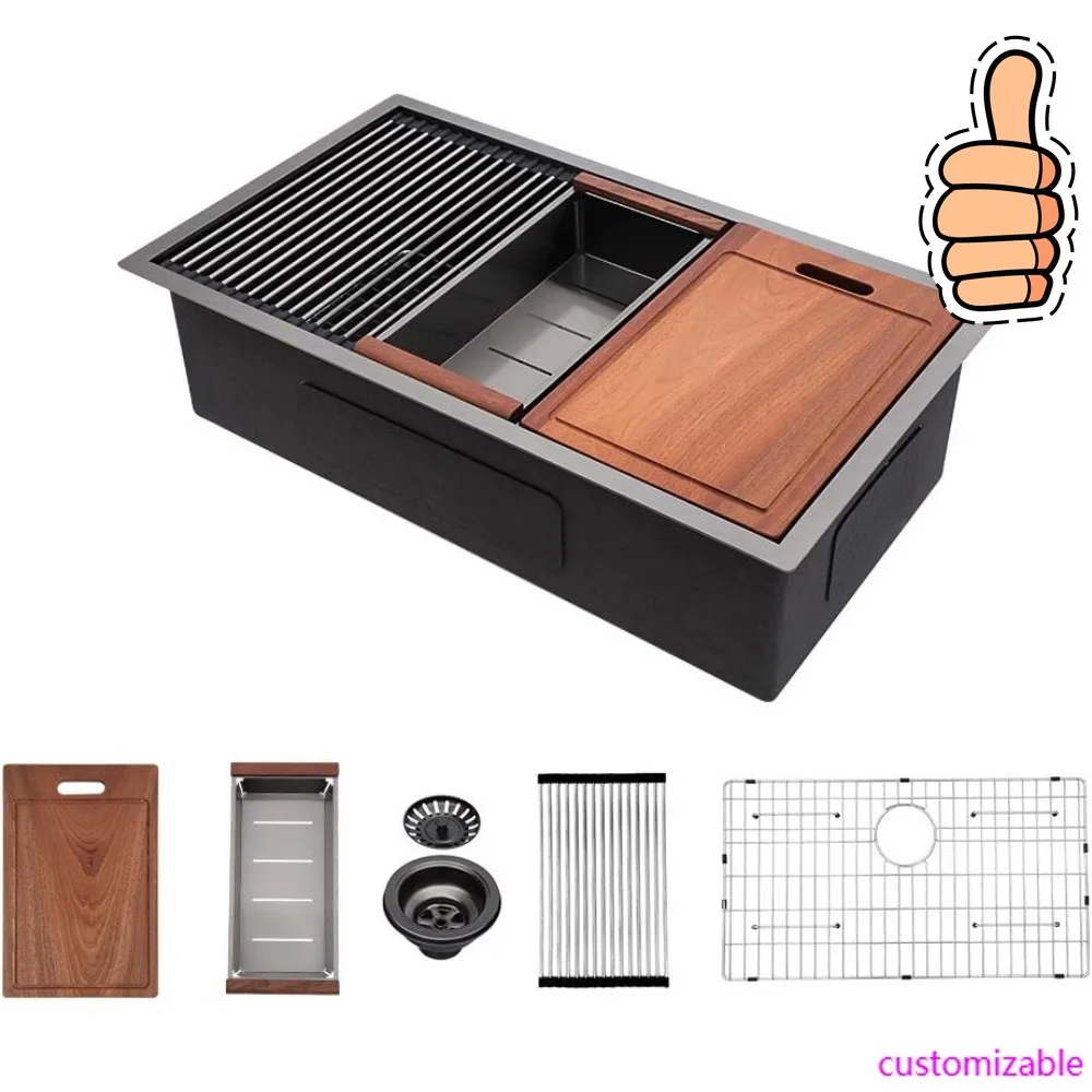 NEW-33 Kitchen Sink Undermount Gunmetal Black - 33x19 inch Kitchen Sink Ledge Workstation Gunmetal Black 16 Gauge Stainless Stee