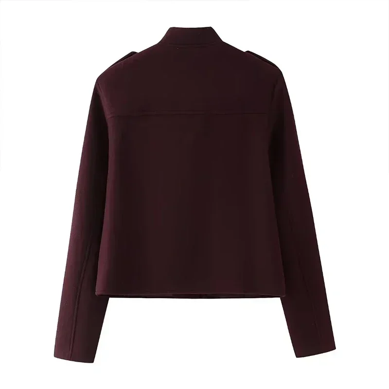 Burgundy Color Woolen Jacket For Women Stand Collar Single Breasted Pocket Thick Short Coat Autumn Lady Commute Outwear New