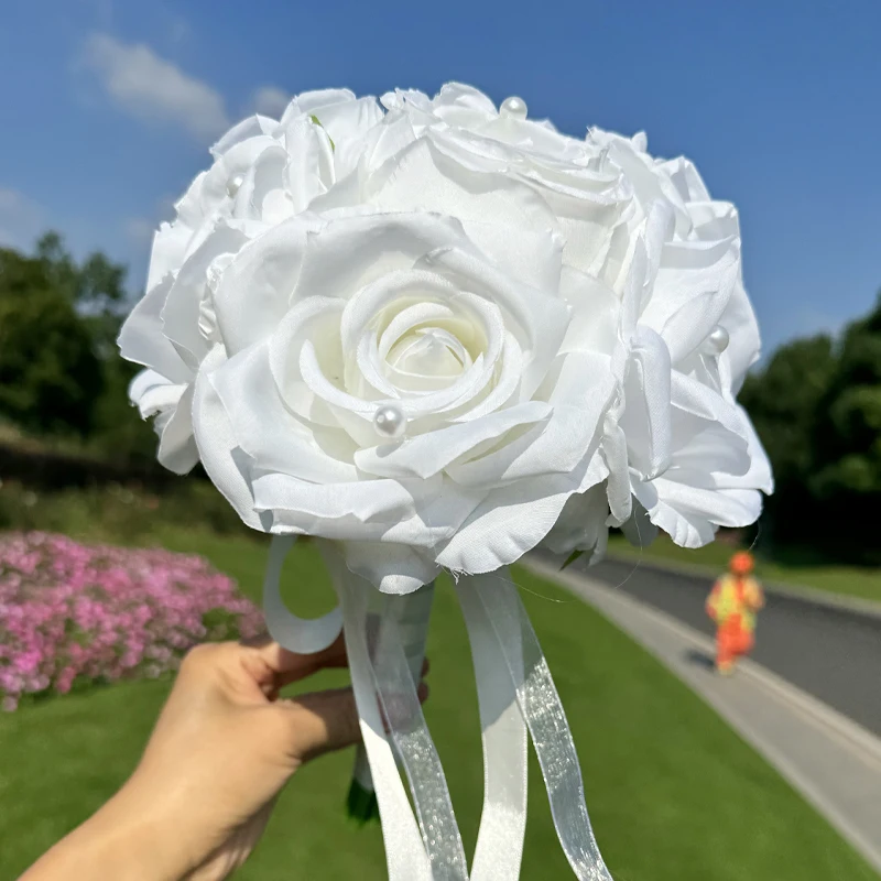 1pc LOVE White Rose Bridal Bouquets Pearl Decoration Bridesmaid Rural Wedding Bouquet Gift for Ceremony, Anniversary, Homecoming