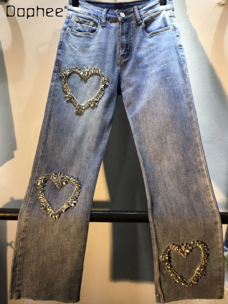 Women Jeans 2023 Spring and Autumn New Exquisite Rhinestone Beaded Love Pattern High Waist Stretch Cropped Jeans Female