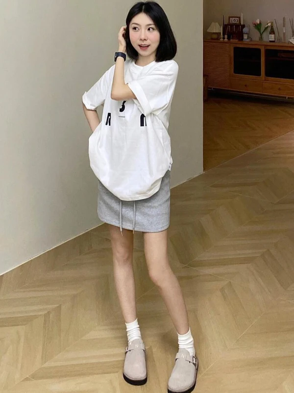 여름 신상 그레이 미니스커트 임부복 세트 순면 화이트 라지 사이즈 티셔츠 안티라이트 숏스커트 캐주얼 스타일