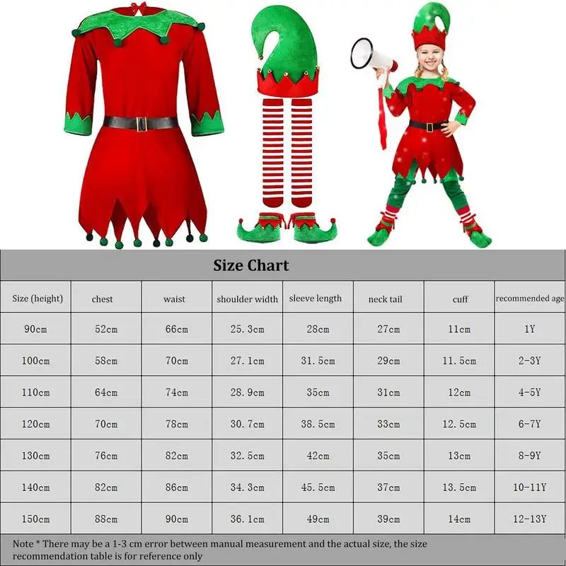 Girls Christmas Elf Costume Set Cosplay Santa Claus Baby Costume Dress Elf + Hat + Belt + Shoes + Striped Stockings For Boys