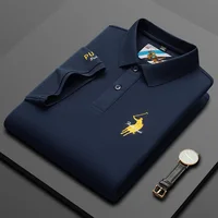 Polo brodé de luxe pour hommes, été, fin, respirant, 100% coton, noir, bleu marine, revers, manches courtes, hauts, vêtements de marque 4
