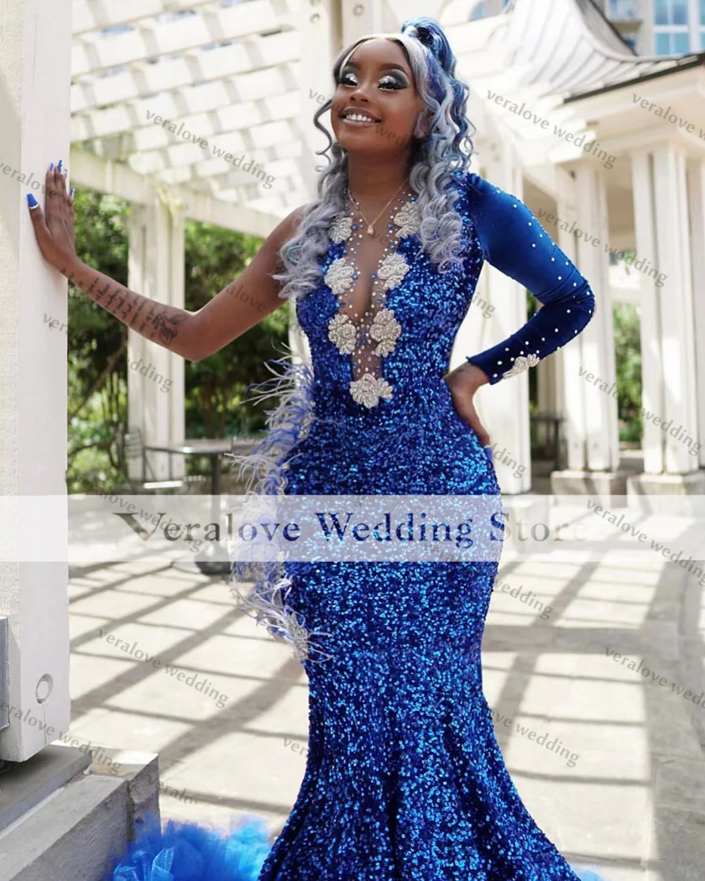 Sequins Sparkly Prom Dress With Ruffles 2k22 Long Sleeves Royal Blue Evening Gowns Black Girls Graduation Party Dress