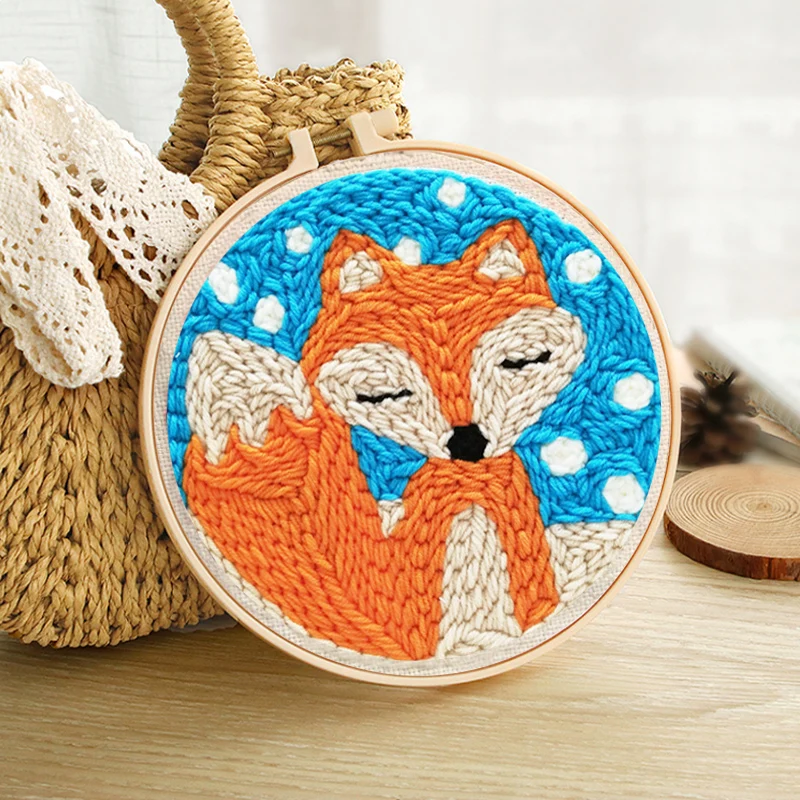 RUOPOTY Punch Needle Embroidery Starter Kits Diy Crafts Cute Fox Poking Embroidery Hoop Yarn Rug Punch Needle For Adults 20x20cm
