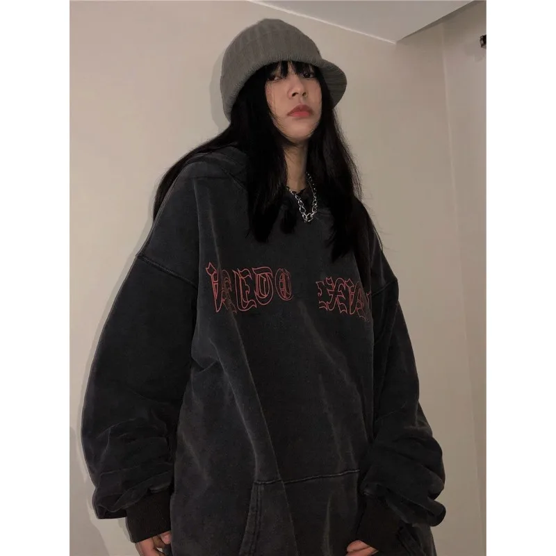 

Retro Streetwear Grunge Fire Hoodie Women Gothic Dark Letter Print Oversize Black Sweatshirt Hip Hop Long Sleeve Top