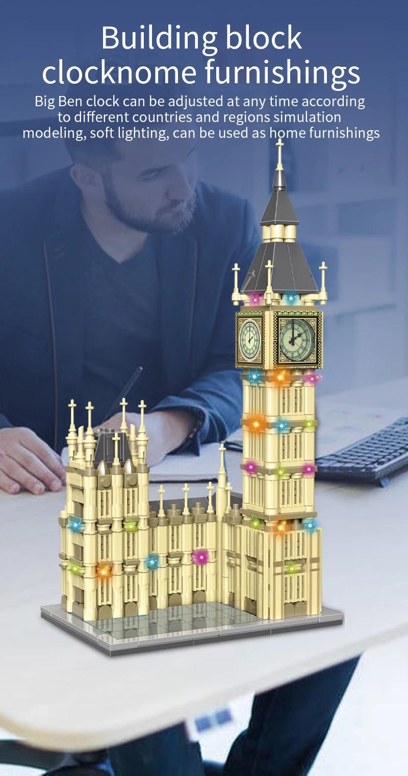 815pcs City Architecture MOC 3D Pointer Rotation Luminous Clock Building Blocks Friends LED Lights Big Ben Bricks Toys For Kids wooden block puzzle