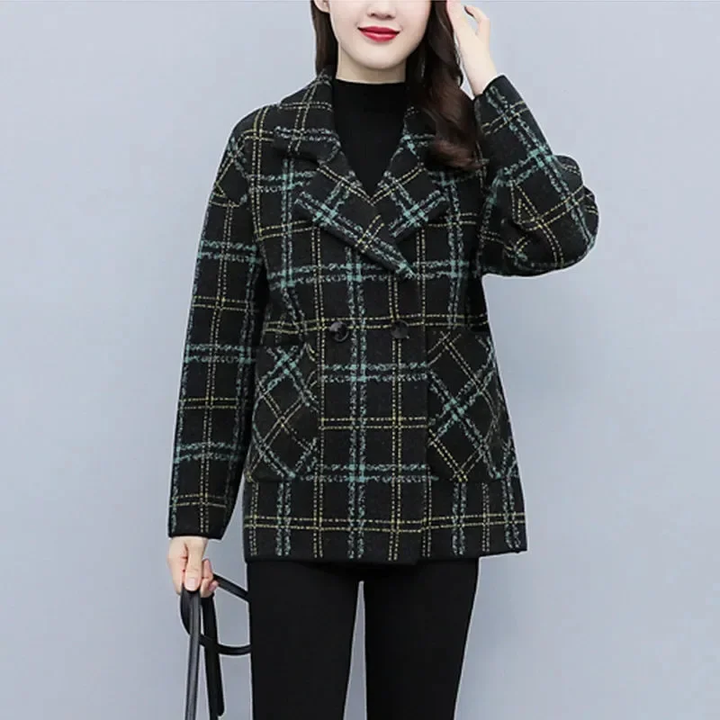 Double-Sided Woolen Short Coat for Women Autumn Winter Vintage High-End Plaid Suit Style Female Outerwear Korean Fashion