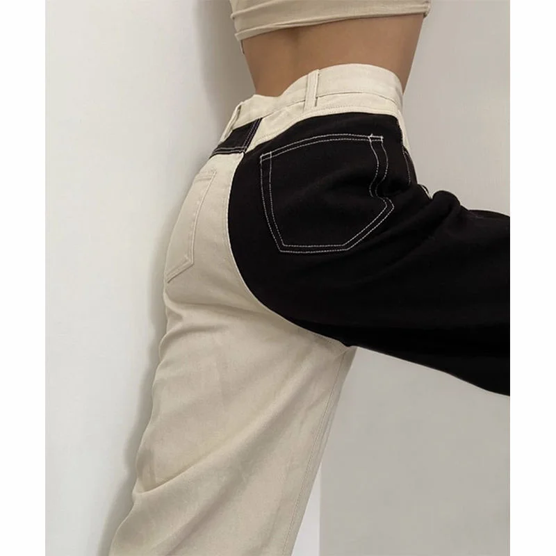 

Woman Jeans Pants Black White Stitching Straight Autumn Winter High Waist Baggy Pants Pantalones Vaqueros Mujer