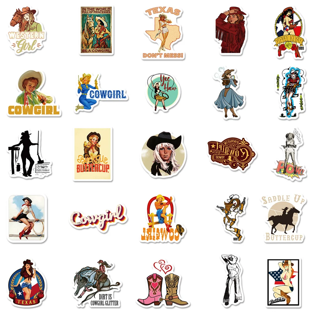 10/30/50PCS Western Element Graffiti Waterproof Sticker Cartoon Cowboy Girl Series Decorative Decal Skateboard WaterCupWholesale